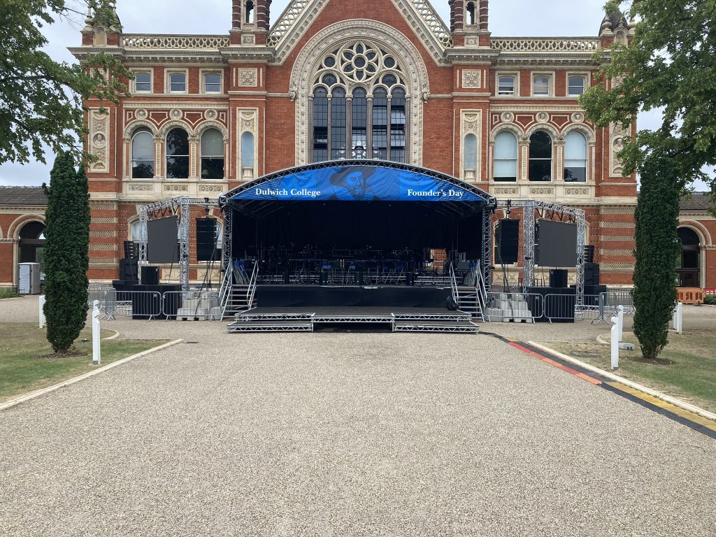 Outdoor stage with sound system. 